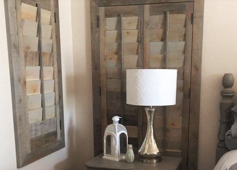 Miami bedroom with repurposed wood shutters.